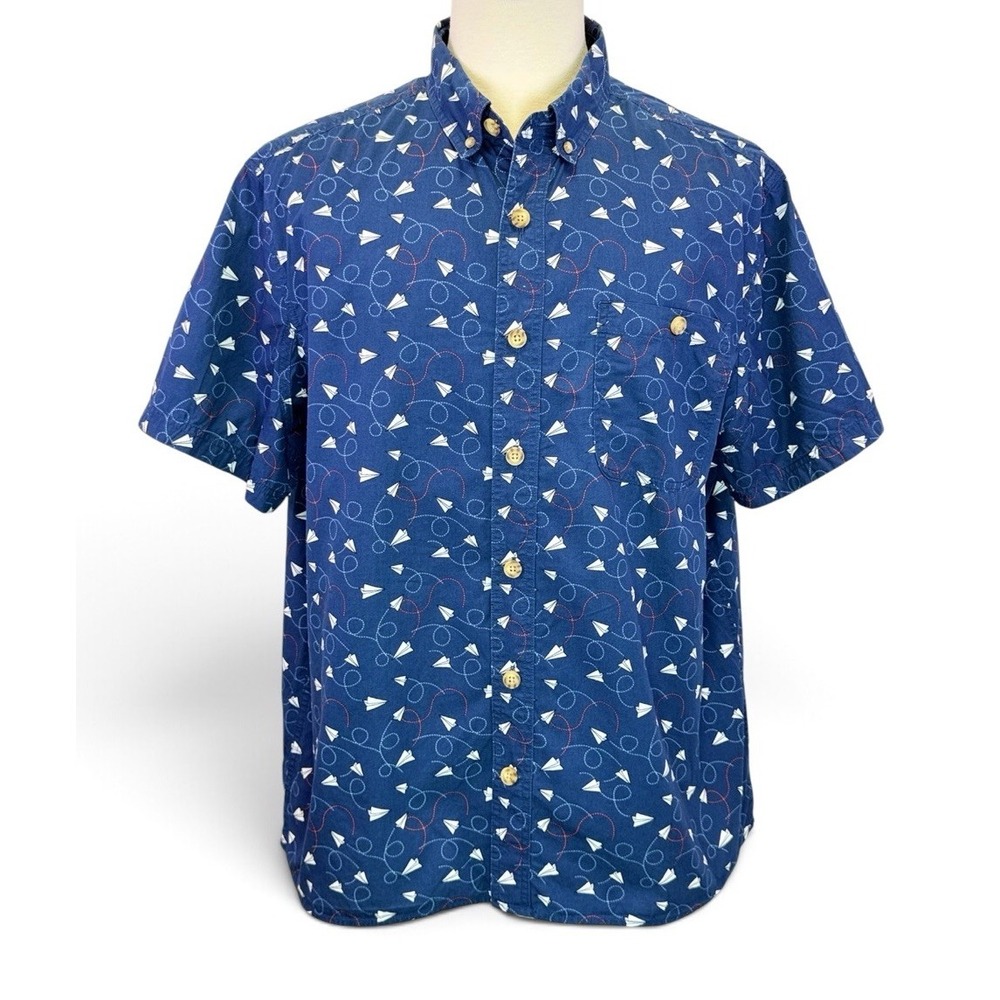 Duluth Trading Co Paper Airplane Short Sleeve Button Down Relaxed Mens XL Blue